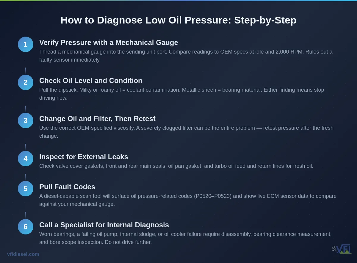 Six-step diagnostic process for diesel engine low oil pressure, from mechanical gauge verification through specialist internal inspection