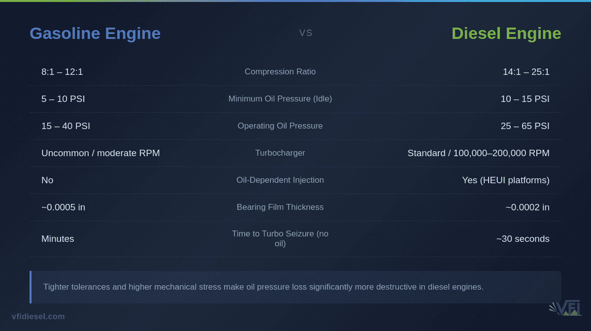 Side-by-side comparison of gasoline versus diesel engine oil pressure requirements, compression ratios, turbo speeds, and vulnerability to oil starvation