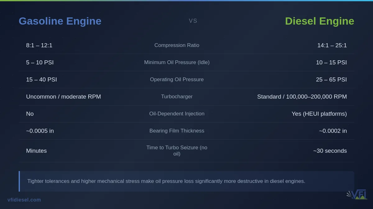 Side-by-side comparison of gasoline versus diesel engine oil pressure requirements, compression ratios, turbo speeds, and vulnerability to oil starvation