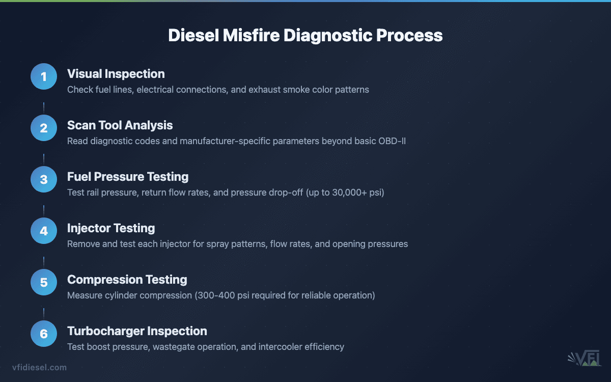 Six-step diagnostic process flowchart for diesel engine misfire troubleshooting