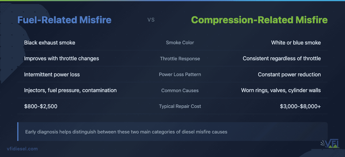 Side-by-side comparison table showing differences between fuel-related and compression-related diesel misfires