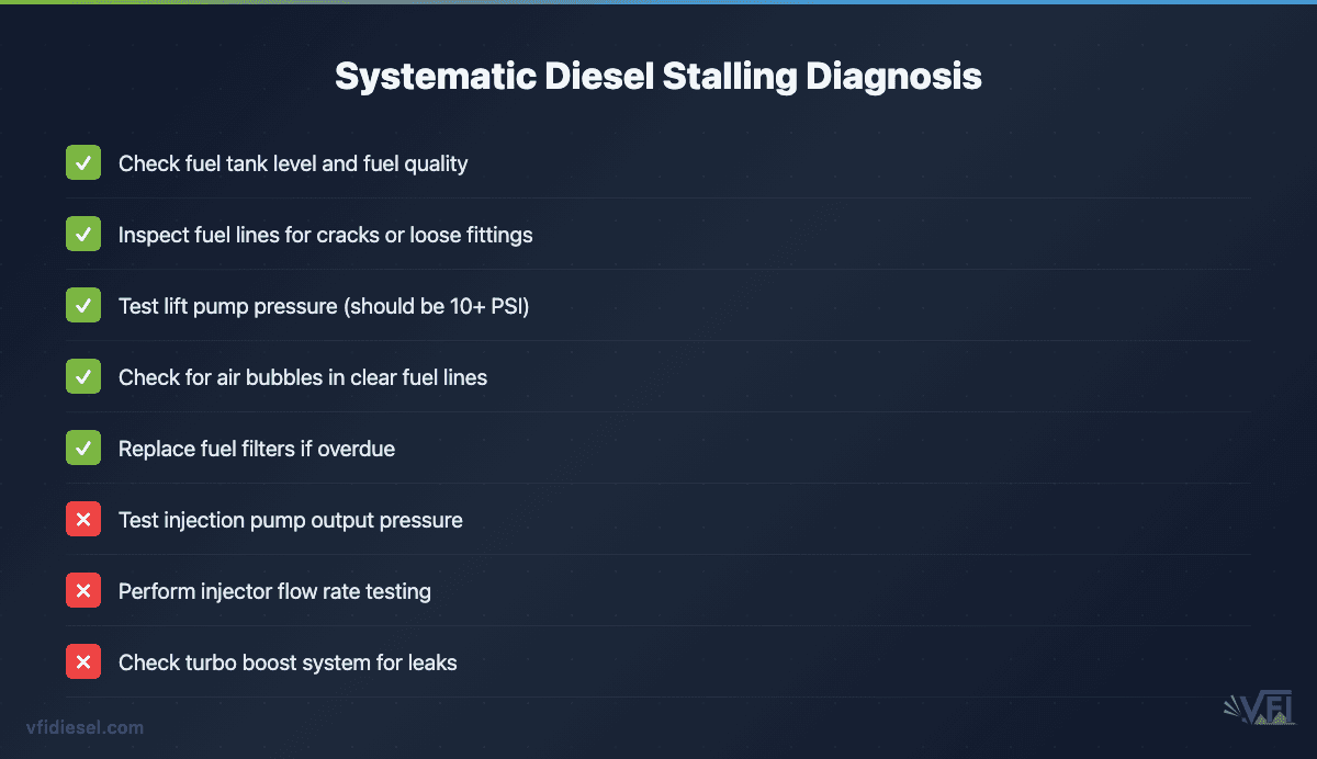 Diagnostic checklist showing systematic approach to diagnosing diesel engine stalling issues, with basic checks marked complete and advanced diagnostics remaining