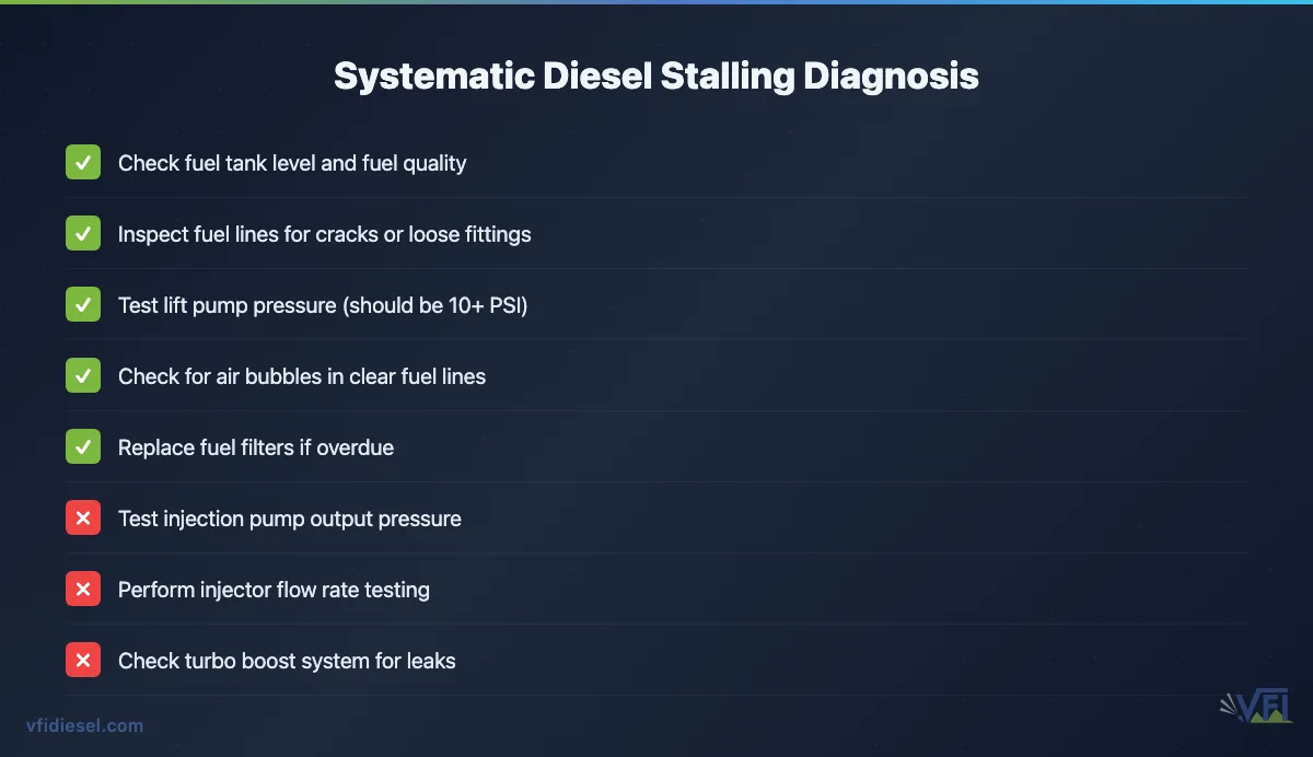 Diagnostic checklist showing systematic approach to diagnosing diesel engine stalling issues, with basic checks marked complete and advanced diagnostics remaining