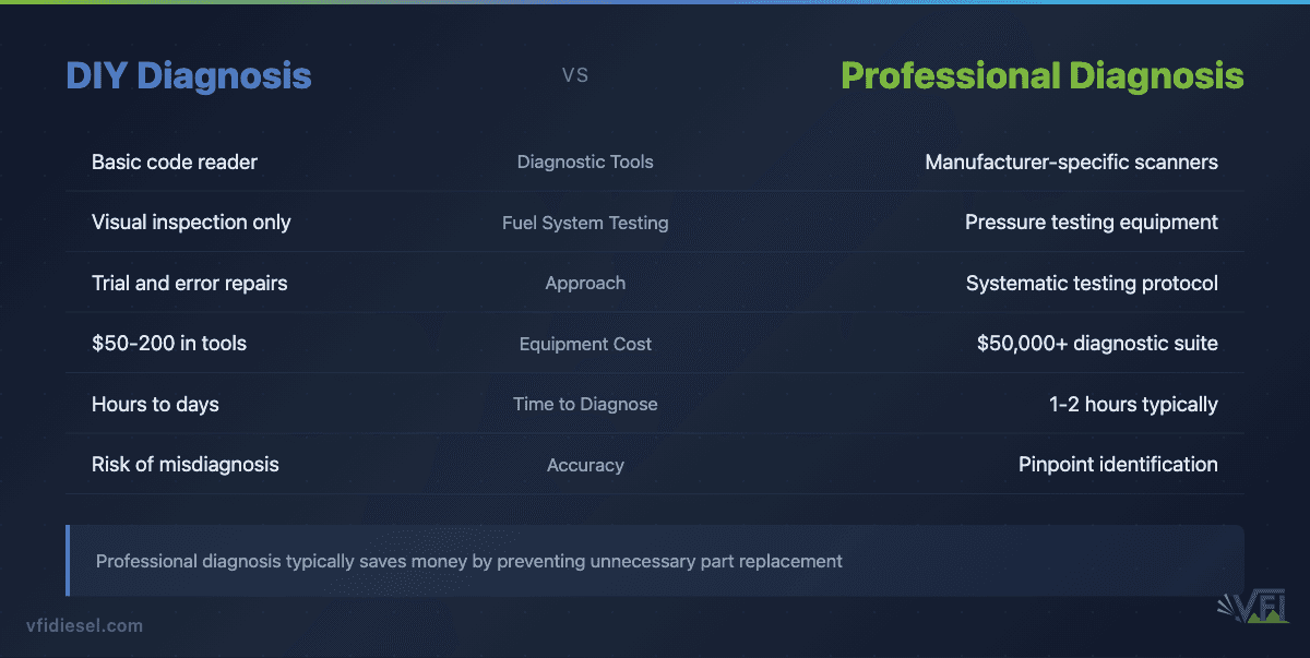 Comparison table showing differences between DIY and professional diesel engine diagnosis approaches, highlighting advantages of professional equipment and expertise