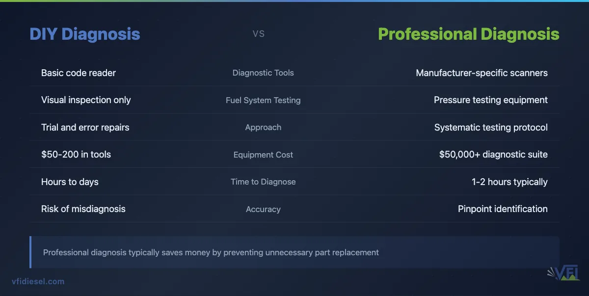 Comparison table showing differences between DIY and professional diesel engine diagnosis approaches, highlighting advantages of professional equipment and expertise