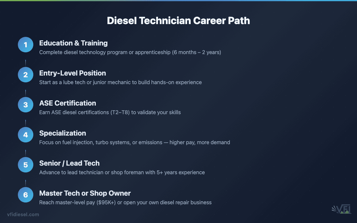 Six-step career progression flowchart showing the path from diesel technician education to advanced career opportunities