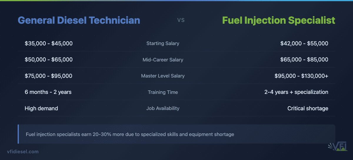 Salary and career comparison table showing higher earning potential for fuel injection specialists versus general diesel technicians