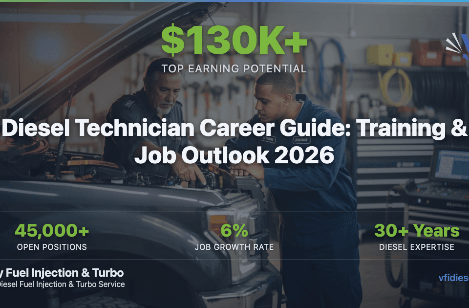 Diesel technician career guide showing training and job outlook for 2026