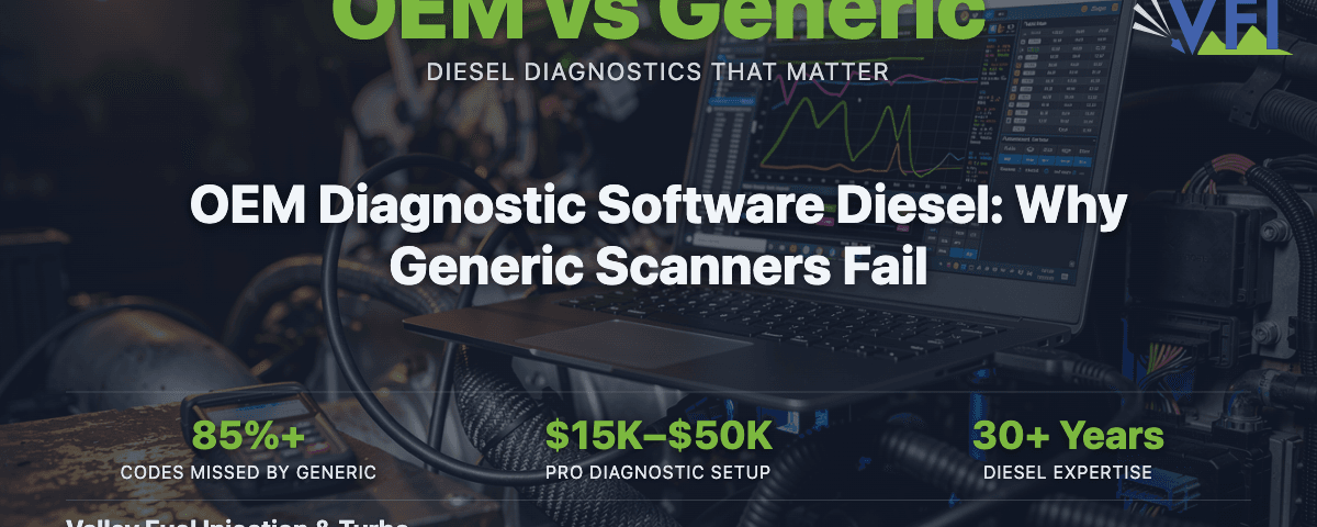 Professional OEM diesel diagnostic laptop connected to engine bay with live fuel injection data