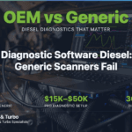 Professional OEM diesel diagnostic laptop connected to engine bay with live fuel injection data