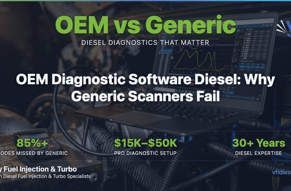 Professional OEM diesel diagnostic laptop connected to engine bay with live fuel injection data