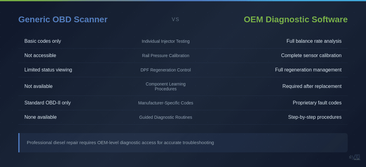 Comparison table showing diagnostic capabilities between generic OBD scanners and OEM diagnostic software for diesel engines