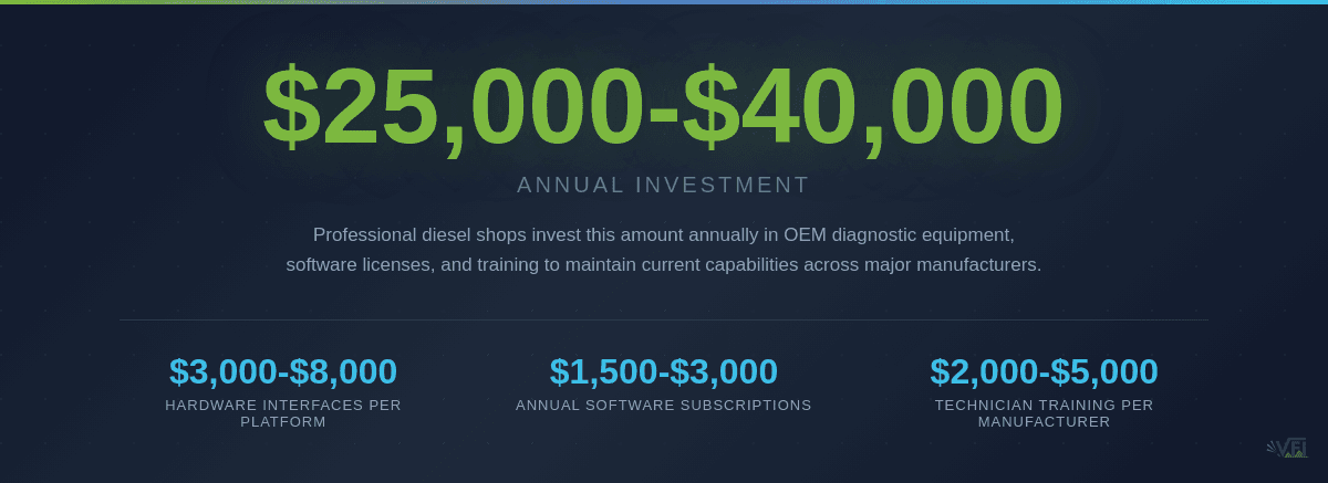 Cost breakdown infographic showing the significant annual investment required for professional OEM diagnostic capabilities