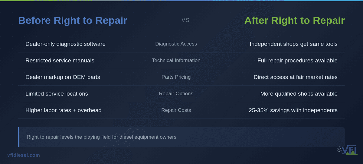 Comparison chart showing diesel repair landscape before and after right to repair legislation, highlighting improved access to diagnostics, parts, and competitive pricing