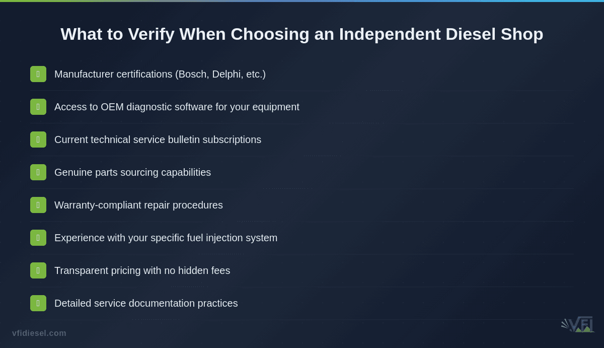 Checklist of essential qualifications to verify when selecting an independent diesel repair shop under right to repair protections