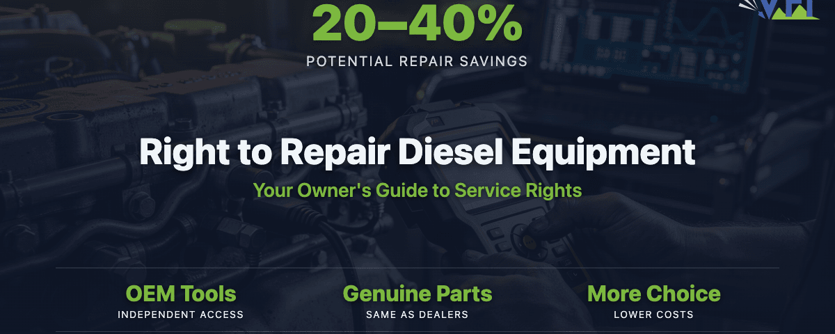 Diesel mechanic using a diagnostic scan tool on a heavy-duty diesel engine, illustrating independent shop access to OEM diagnostics under right to repair