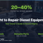 Diesel mechanic using a diagnostic scan tool on a heavy-duty diesel engine, illustrating independent shop access to OEM diagnostics under right to repair