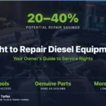 Diesel mechanic using a diagnostic scan tool on a heavy-duty diesel engine, illustrating independent shop access to OEM diagnostics under right to repair