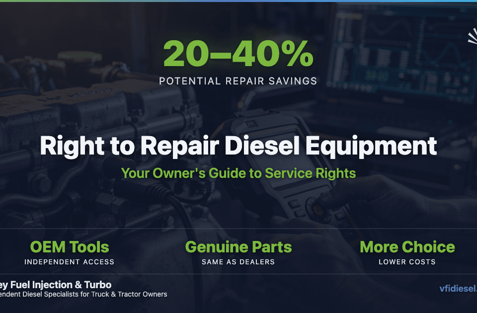 Diesel mechanic using a diagnostic scan tool on a heavy-duty diesel engine, illustrating independent shop access to OEM diagnostics under right to repair