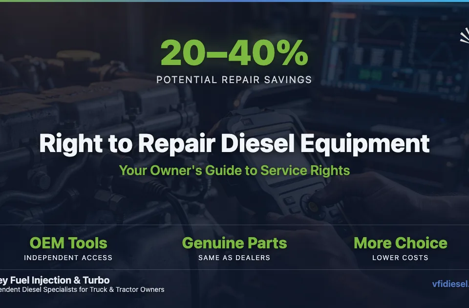 Diesel mechanic using a diagnostic scan tool on a heavy-duty diesel engine, illustrating independent shop access to OEM diagnostics under right to repair