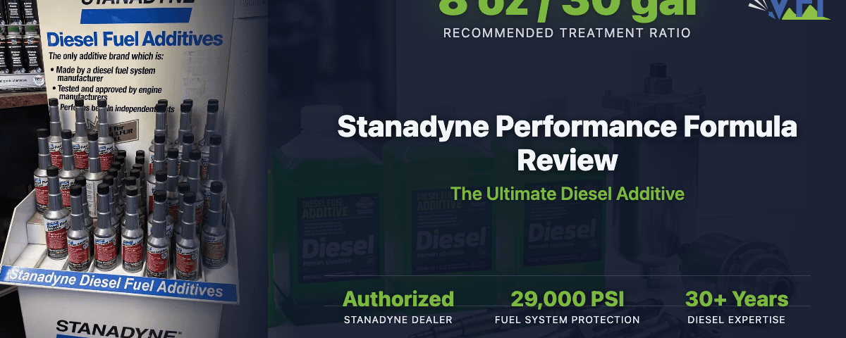 Stanadyne Performance Formula diesel additive bottles on display at Valley Fuel Injection with product stats