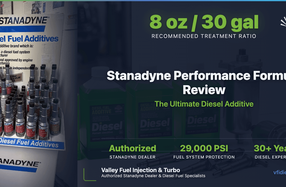 Stanadyne Performance Formula diesel additive bottles on display at Valley Fuel Injection with product stats