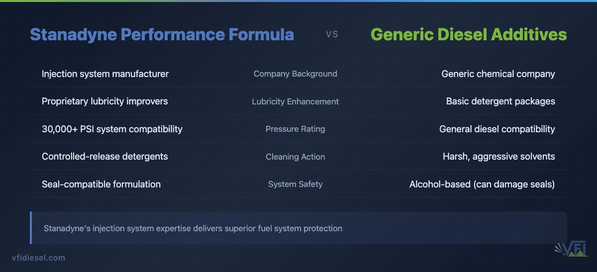 Comparison table showing Stanadyne Performance Formula advantages over generic diesel additives