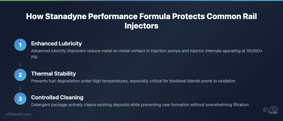 Three-step process diagram showing how Stanadyne Performance Formula protects common rail diesel injectors