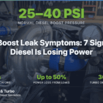 Mechanic testing diesel turbocharger boost pressure with gauge in professional repair shop