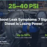 Mechanic testing diesel turbocharger boost pressure with gauge in professional repair shop