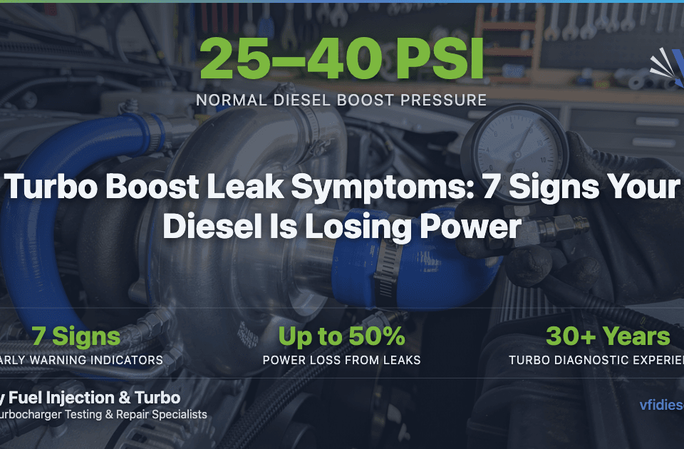 Mechanic testing diesel turbocharger boost pressure with gauge in professional repair shop