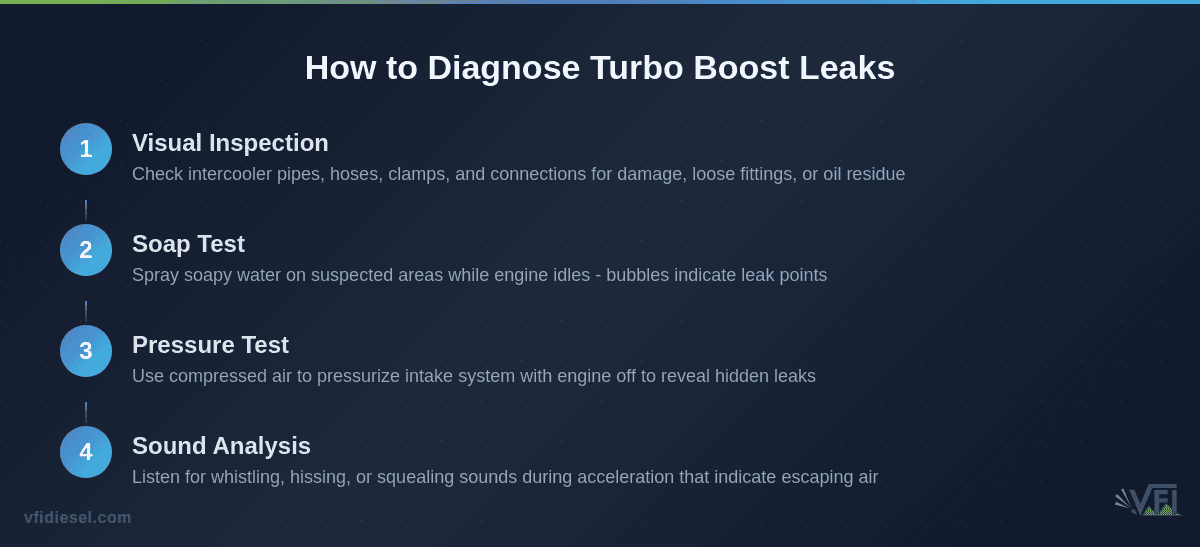 Step-by-step process diagram showing how to diagnose turbo boost leaks in diesel engines