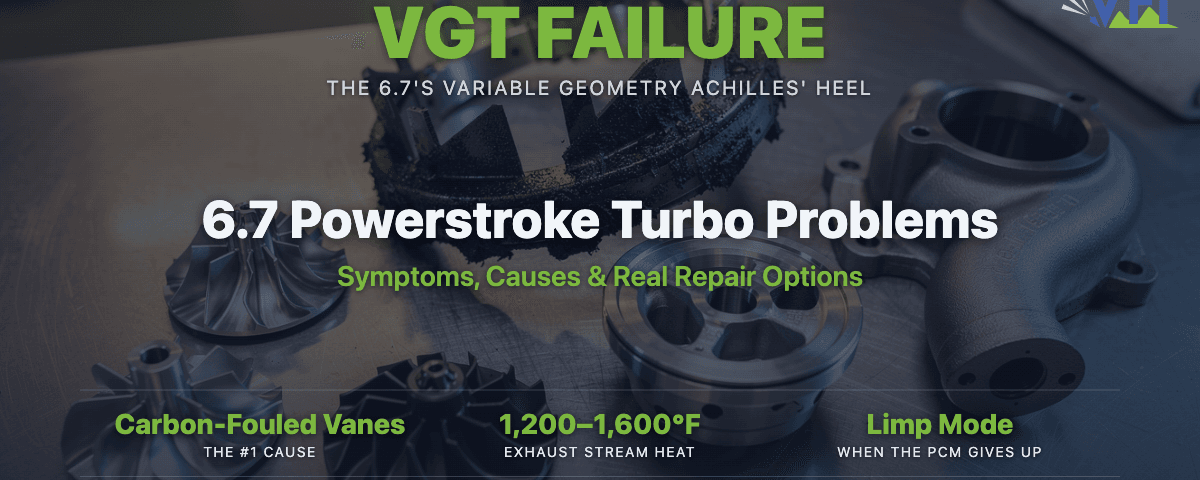 Disassembled 6.7 Powerstroke Garrett variable geometry turbocharger laid out on a stainless workbench — billet and stock compressor wheels, a heavily carbon-fouled turbine wheel with stuck VGT vane debris, the center bearing housing, and the cast iron turbine housing