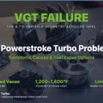 Disassembled 6.7 Powerstroke Garrett variable geometry turbocharger laid out on a stainless workbench — billet and stock compressor wheels, a heavily carbon-fouled turbine wheel with stuck VGT vane debris, the center bearing housing, and the cast iron turbine housing