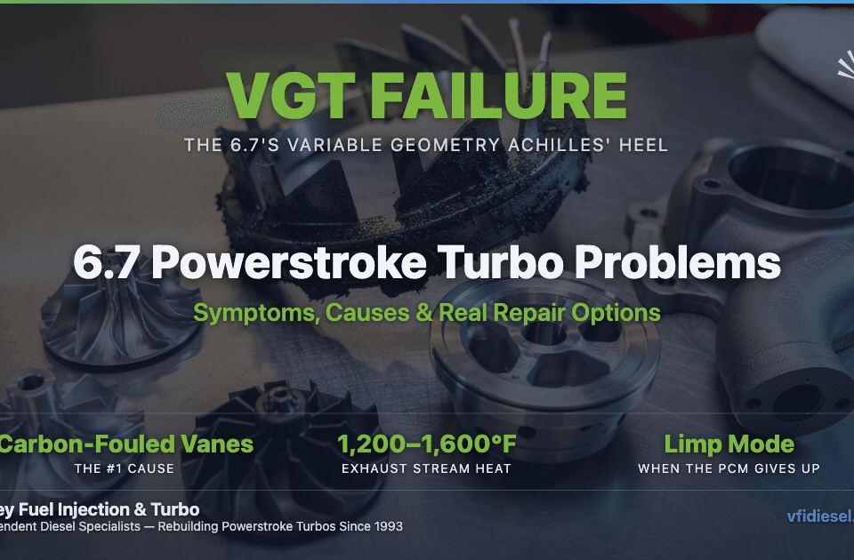 Disassembled 6.7 Powerstroke Garrett variable geometry turbocharger laid out on a stainless workbench — billet and stock compressor wheels, a heavily carbon-fouled turbine wheel with stuck VGT vane debris, the center bearing housing, and the cast iron turbine housing