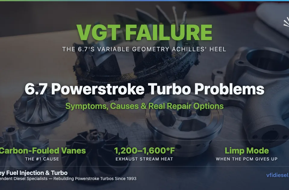 Disassembled 6.7 Powerstroke Garrett variable geometry turbocharger laid out on a stainless workbench — billet and stock compressor wheels, a heavily carbon-fouled turbine wheel with stuck VGT vane debris, the center bearing housing, and the cast iron turbine housing