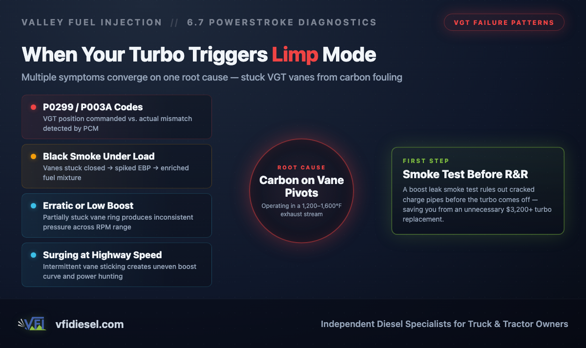 Diagnostic flow chart showing four 6.7 Powerstroke turbo symptoms — fault codes, black smoke, low boost, and surging — converging on carbon-fouled VGT vanes as the root cause, with a boost leak smoke test as the recommended first diagnostic step.