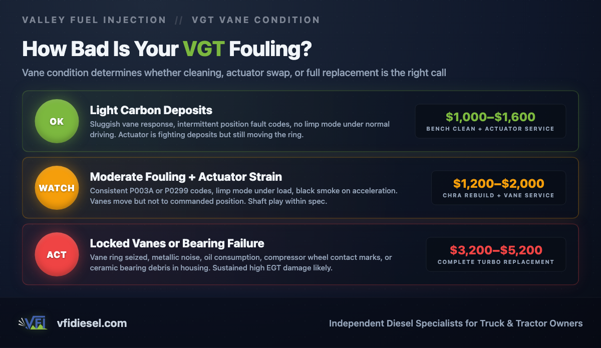 Three-tier severity guide for 6.7 Powerstroke VGT vane condition: green tier for light carbon deposits recommending a bench clean at $1,000–$1,600; amber tier for moderate fouling recommending a CHRA rebuild at $1,200–$2,000; red tier for locked vanes or bearing failure requiring full turbo replacement at $3,200–$5,200.
