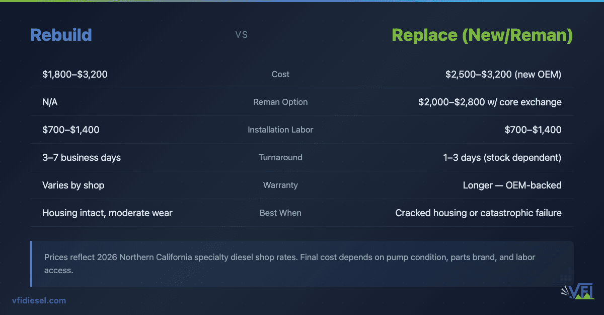 Comparison table: 7.3 Powerstroke injection pump rebuild ($1,800–$3,200) vs. new OEM replacement ($2,500–$3,200) or reman ($2,000–$2,800 with core exchange), comparing cost, turnaround, warranty, and best-use scenario