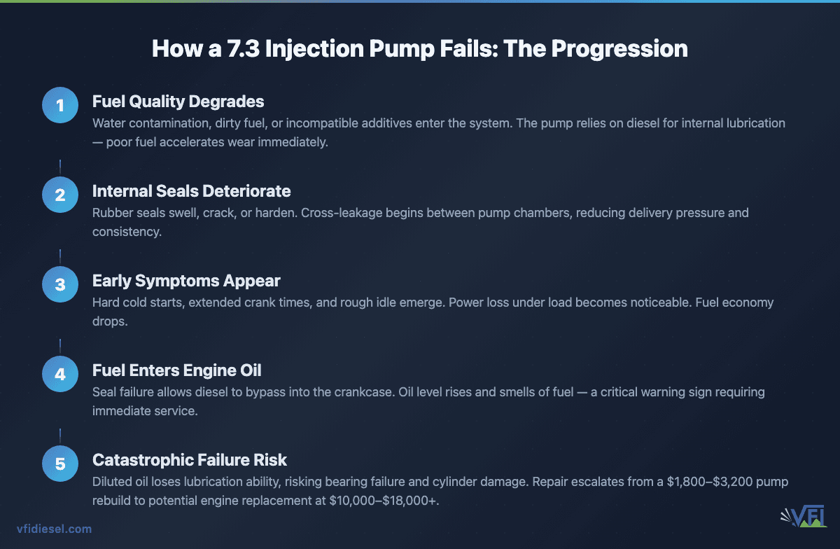 Five-step process diagram showing how a 7.3 Powerstroke injection pump fails — from fuel quality degradation through seal failure, early symptoms, fuel-in-oil contamination, and catastrophic engine damage risk up to $10,000–$18,000+