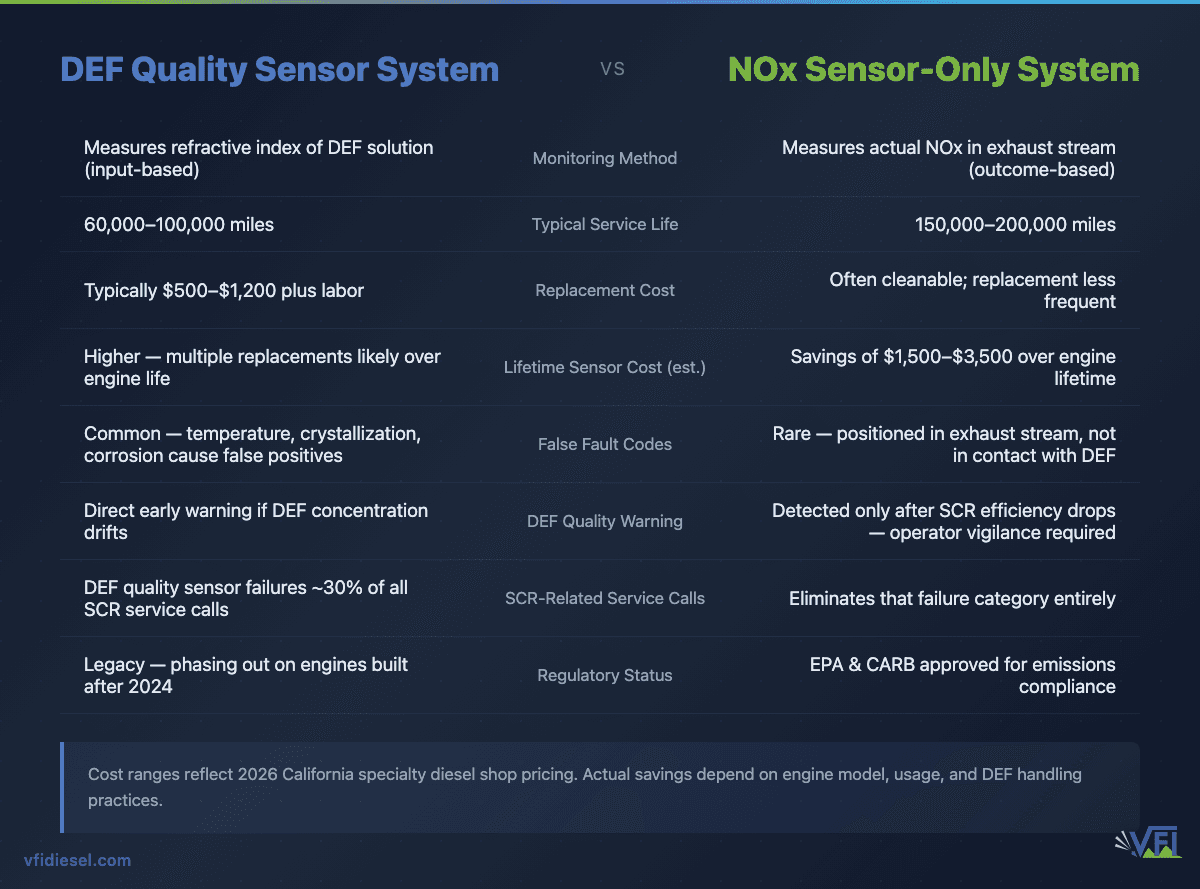 Comparison table: DEF quality sensor system vs NOx sensor-only system, showing service life (60,000–100,000 miles vs 150,000–200,000 miles), replacement cost ($500–$1,200 for DEF sensor), and lifetime savings of $1,500–$3,500 with NOx-only monitoring