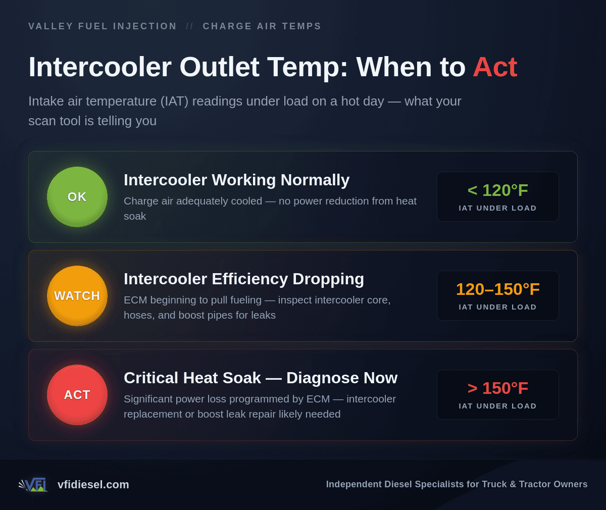 Three-tier severity chart showing intake air temperature thresholds: under 120°F is normal, 120–150°F warrants inspection, above 150°F requires immediate diagnosis