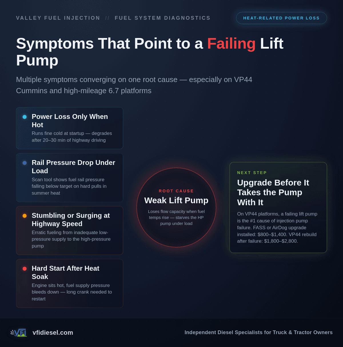 Diagnostic flow chart showing four heat-related symptoms — hot-only power loss, rail pressure drop, stumbling, and hard hot restart — converging on a weak lift pump as the root cause, with an upgrade cost comparison takeaway
