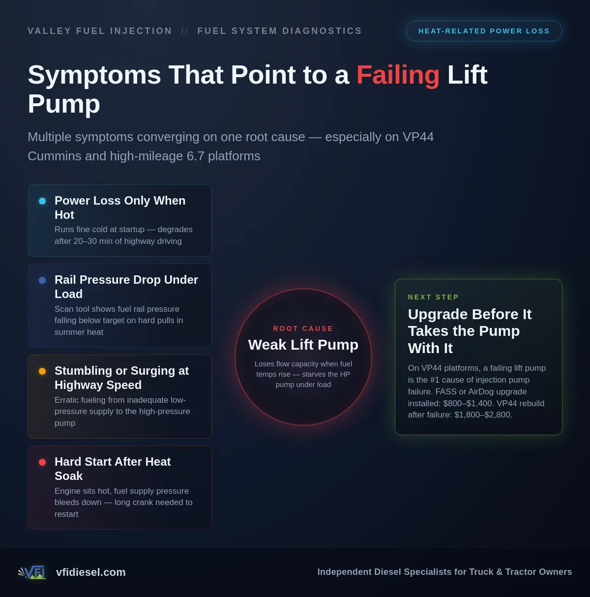 Diagnostic flow chart showing four heat-related symptoms — hot-only power loss, rail pressure drop, stumbling, and hard hot restart — converging on a weak lift pump as the root cause, with an upgrade cost comparison takeaway