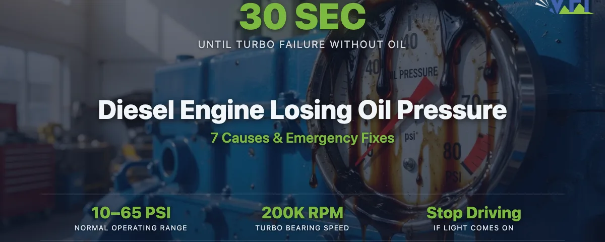 Diesel engine oil pressure gauge dripping with dark engine oil, mounted on a blue diesel engine block in a bright shop, illustrating dangerous low oil pressure on a heavy-duty diesel engine