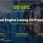 Diesel engine oil pressure gauge dripping with dark engine oil, mounted on a blue diesel engine block in a bright shop, illustrating dangerous low oil pressure on a heavy-duty diesel engine
