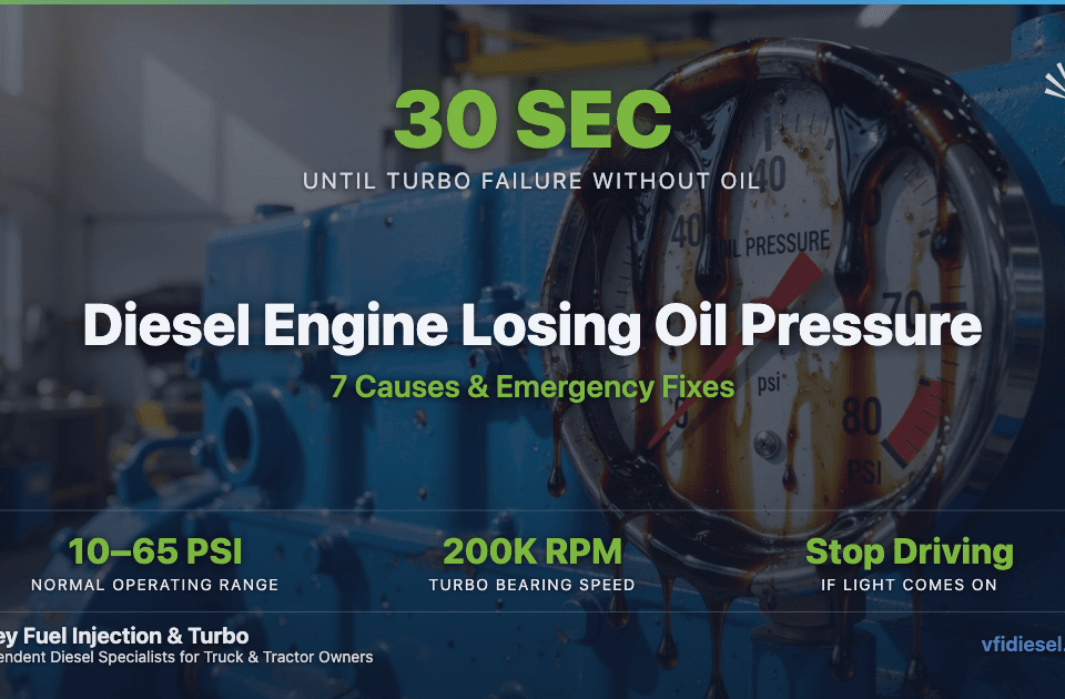 Diesel engine oil pressure gauge dripping with dark engine oil, mounted on a blue diesel engine block in a bright shop, illustrating dangerous low oil pressure on a heavy-duty diesel engine