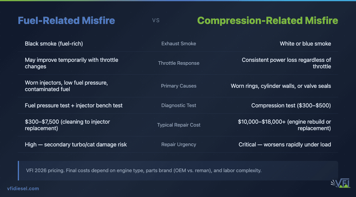 Side-by-side comparison of fuel-related vs. compression-related diesel misfires, covering smoke color, throttle response, diagnostic tests, and repair costs ranging from $300–$7,500 for fuel issues up to $10,000–$18,000+ for compression/engine repairs