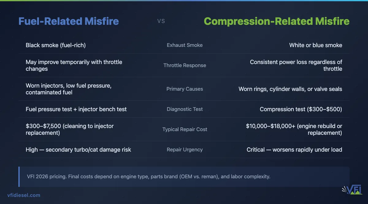 Side-by-side comparison of fuel-related vs. compression-related diesel misfires, covering smoke color, throttle response, diagnostic tests, and repair costs ranging from $300–$7,500 for fuel issues up to $10,000–$18,000+ for compression/engine repairs