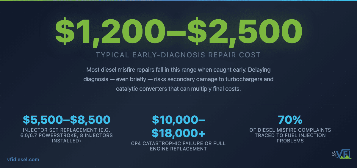 Stat callout showing diesel misfire repair costs: $1,200–$2,500 when caught early, rising to $5,500–$8,500 for a full injector set replacement, and $10,000–$18,000+ for catastrophic fuel system or engine failure